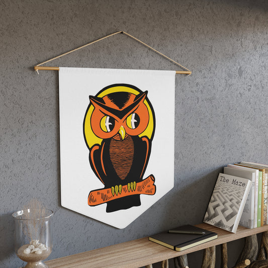 This pennant banner flag wall hanging features a vintage Halloween illustration of a beautiful Orange and black owl perched on a branch with the full yellow moon behind him. 