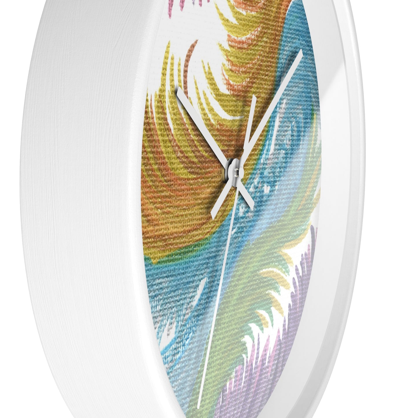 This white wall clock features the original artwork of Caden Caraco titled Space Feathers. Original medium is pen on canvas.  It features swirls in pink, purple, gold, blue and green.