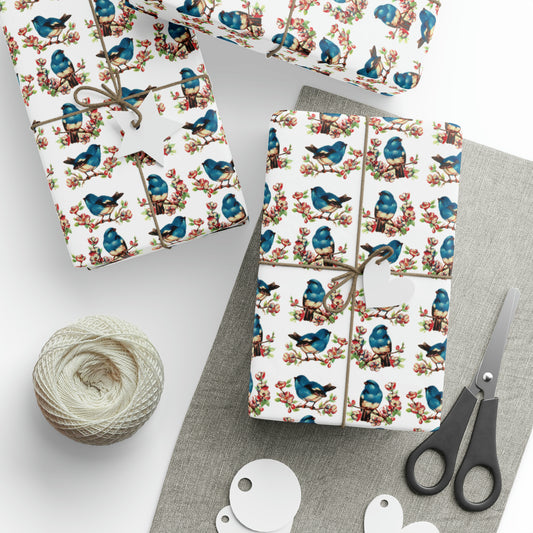 Spring Bluebirds Retro Print Holiday Gift Wrap Paper - Glossy Or Matte