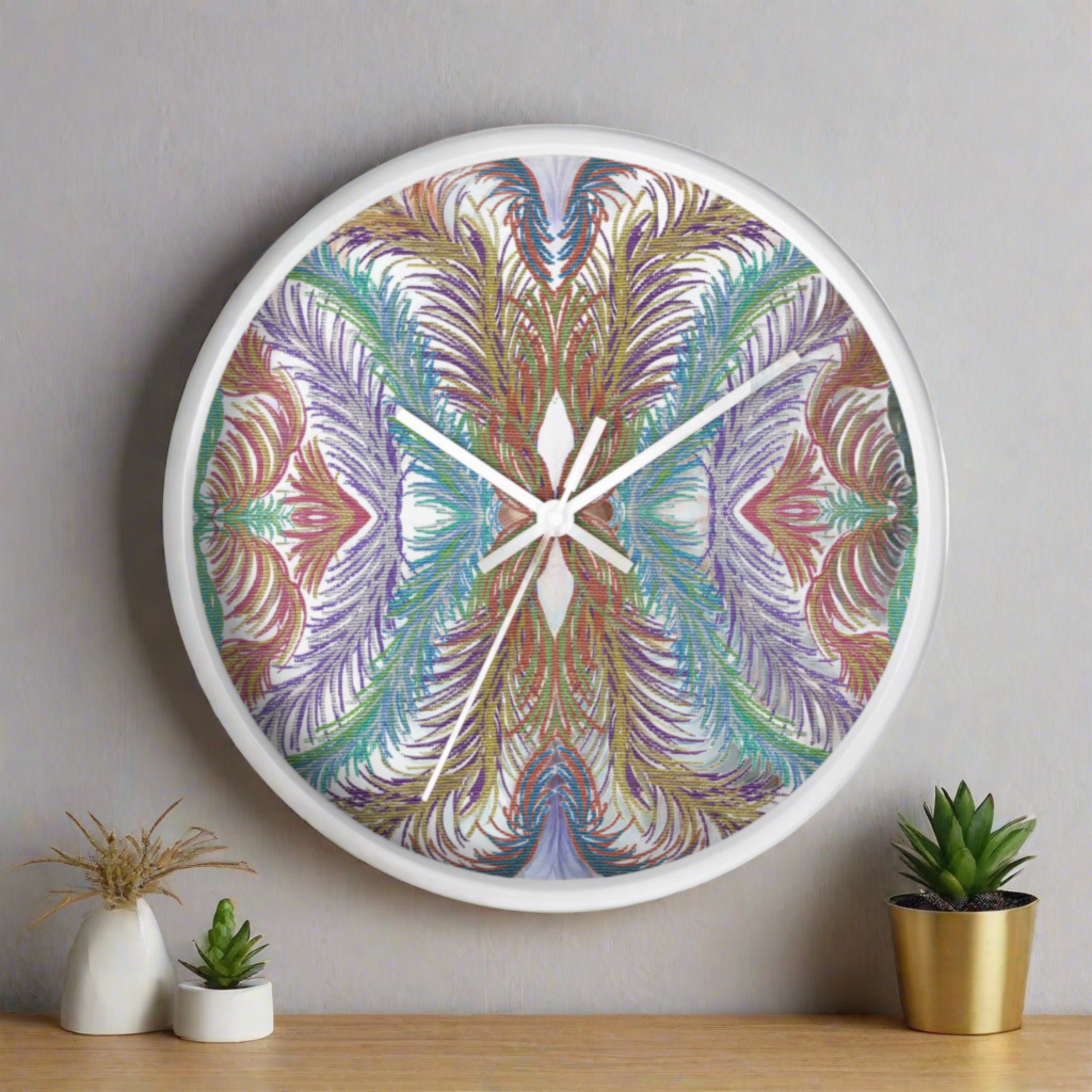 This white wooden clock features the original artwork of Caden Caraco. The original medium is metallic pen on canvas. This artwork is celestial inspired.