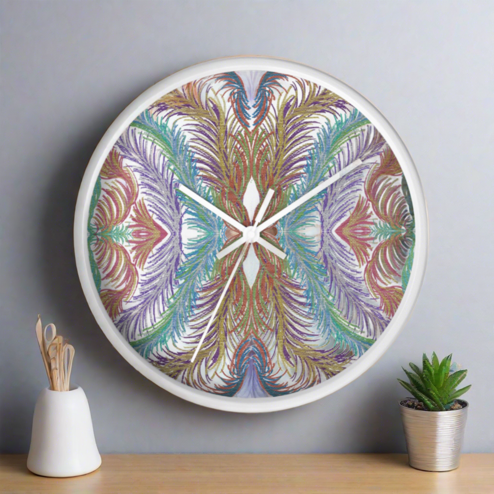 This white wooden clock features the original artwork of Caden Caraco. The original medium is metallic pen on canvas. This artwork is celestial inspired.