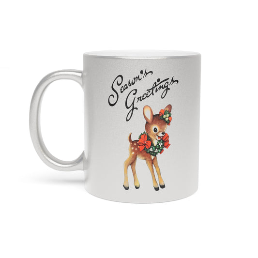 Season's Greetings Cute Reindeer Mid Century Retro Christmas Silver Metallic Mug