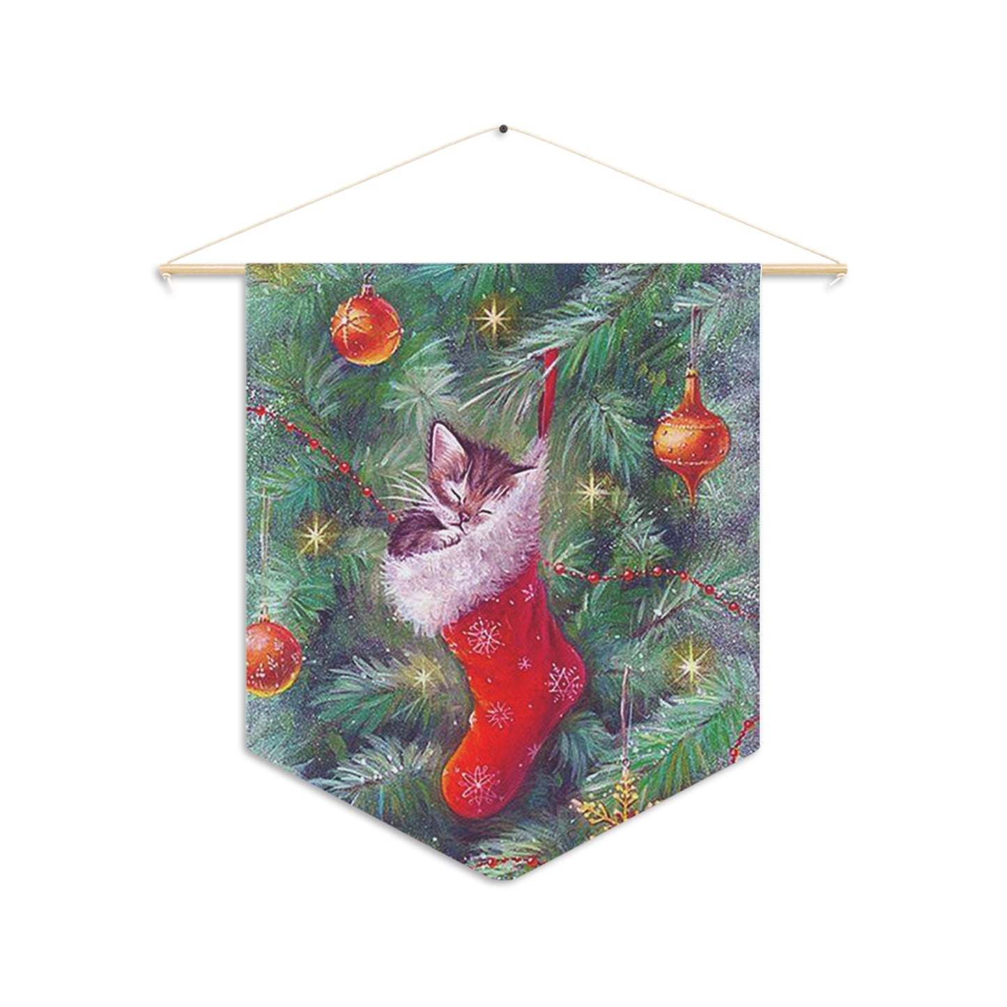 Christmas Kitten Sleeping In Stocking In Christmas Tree Retro Christmas Print Wall Hanging Banner Flag