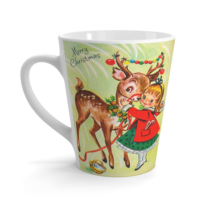 Merry Christmas Girl With Reindeer Retro Christmas Print Latte Coffee Mug