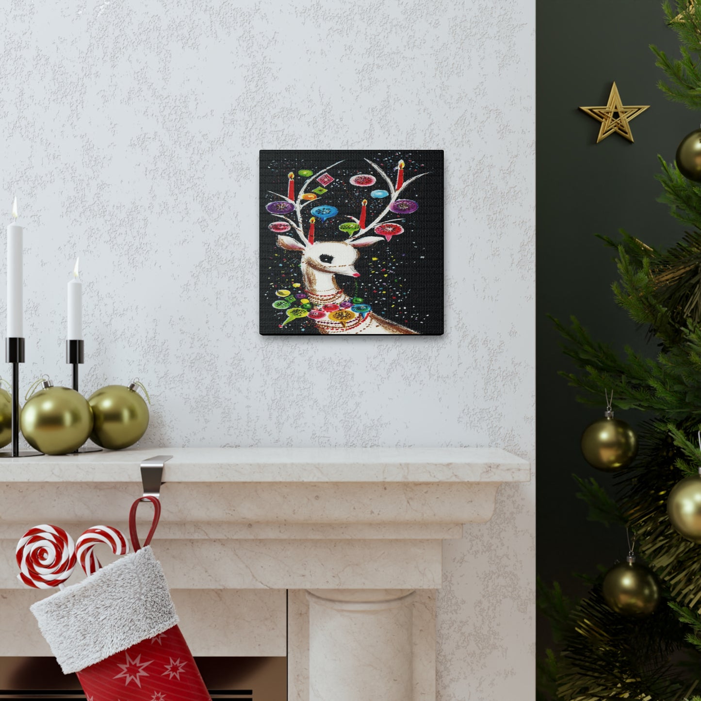 Beautiful Reindeer With Ornaments Retro Christmas Canvas Gallery Wrap