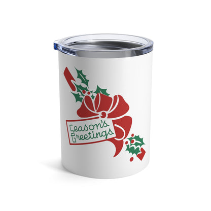 Season's Greetings Christmas Bow And Holly Retro Mid Century Christmas Print Stainless Steel Tumbler 10oz