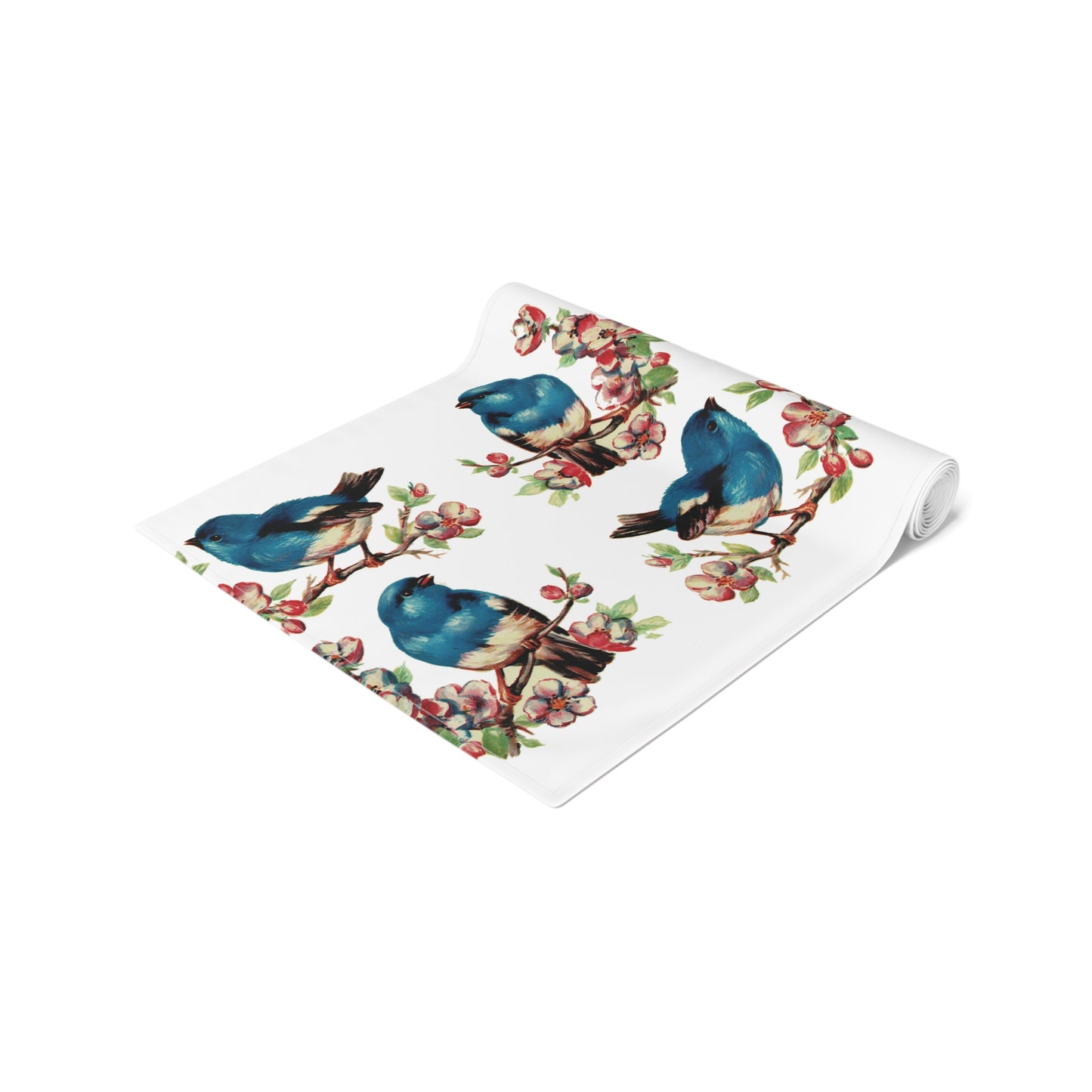 Bluebirds Retro Print Spring Home Decor Cotton Poly Table Runner