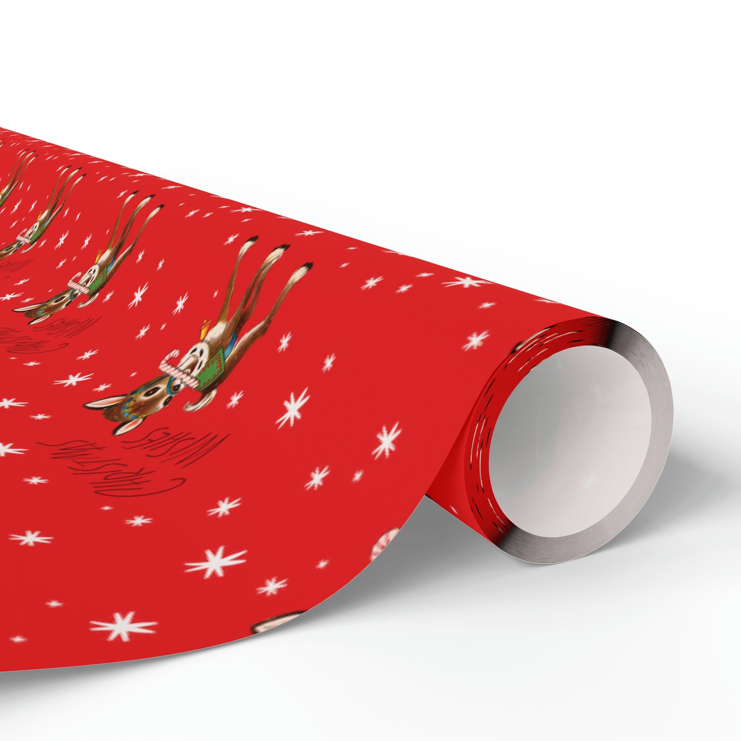 Christmas Wishes Reindeer With Candy Cane Red Mid Century Retro Christmas Print Holiday Gift Wrap Paper - Glossy Or Matte