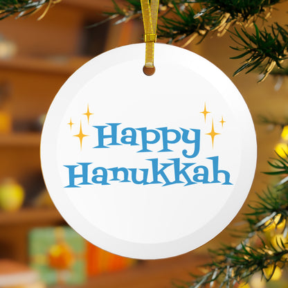 Happy Hanukkah White And Yellow Atomic Mid Century Retro Style Christmas Glass Ornament