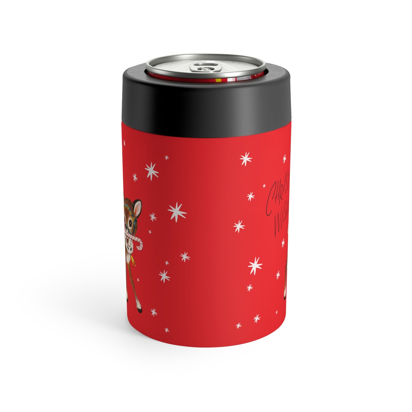 Christmas Wishes Reindeer Stars Red Mid Century Retro Christmas Print Stainless Steel Can Holder