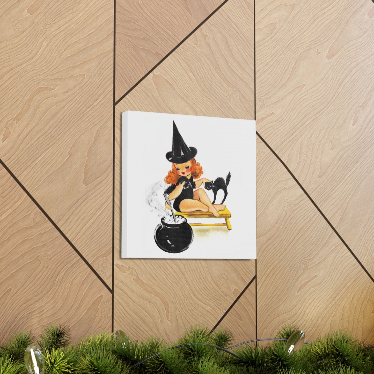 Orange Witch Black Cat Retro Halloween Decor Print Canvas Gallery Wrap