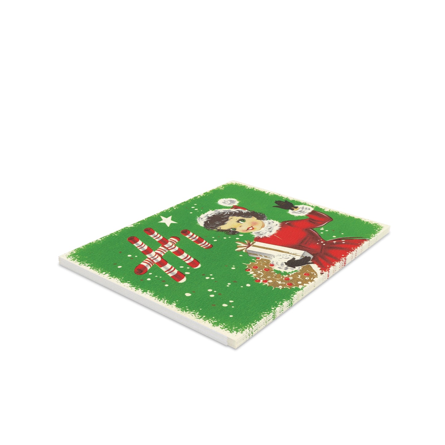 Hi Christmas Lady With Present And Wreath Mid Century Retro Christmas Print Matte Greeting Cards (8, 16, and 24 pcs)