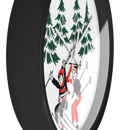 Christmas Skiing Couple Trees Winter Mid Century Retro Christmas Print White Christmas Wall Clock