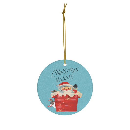 Christmas Wishes Santa In Chimney With Mice Mid Century Retro Christmas Print Ceramic Ornament