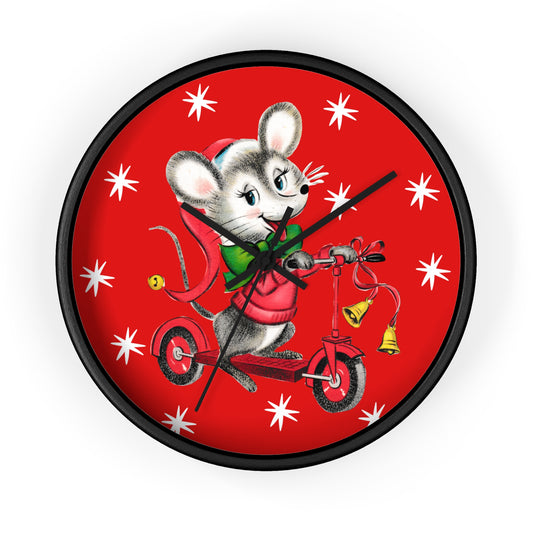 Christmas Mouse On Scooter Stars Mid Century Retro Christmas Print Black Christmas Wall Clock