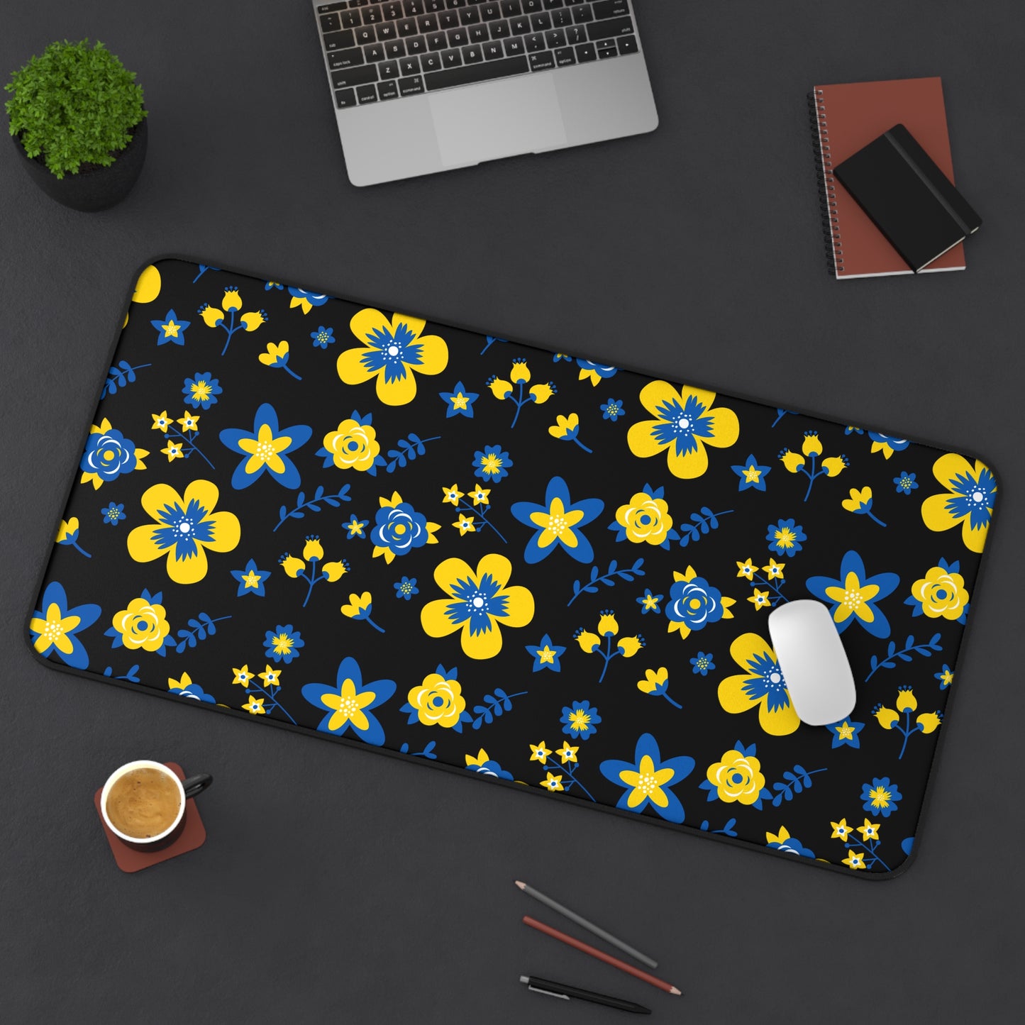 Ukranian Country Flowers Black Floral Desk Mat - 3 size options