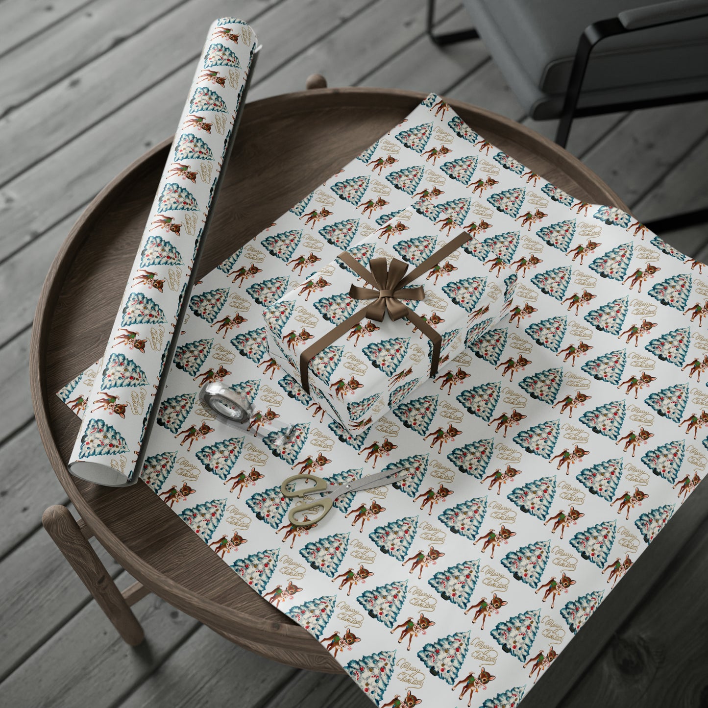 Merry Christmas Reindeer With Candy Cane Tree Mid Century Retro Christmas Print Holiday Gift Wrap Paper - Glossy Or Matte