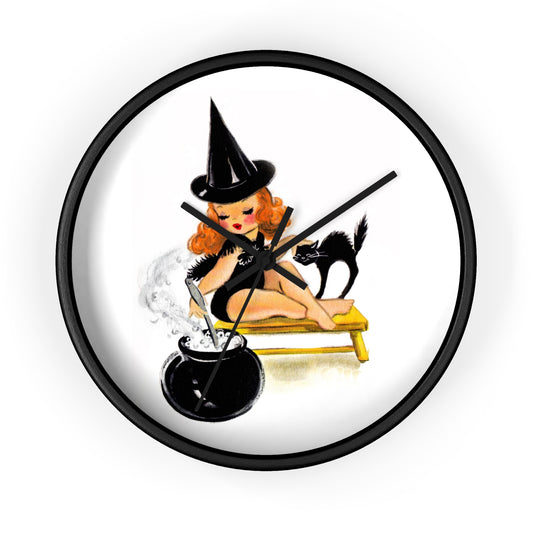 Orange Witch Black Cat Retro Halloween Print Decor Wall Clock