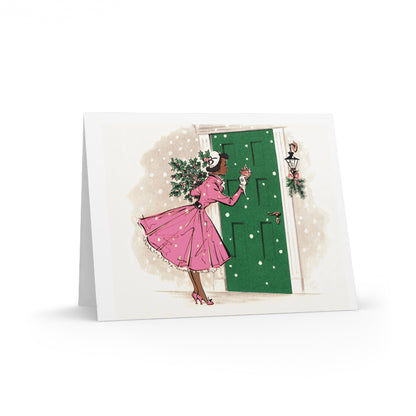 Christmas Lady With Holly Pine Pink Dress Mid Century Retro Christmas Print Matte Greeting Cards (8, 16, and 24 pcs)