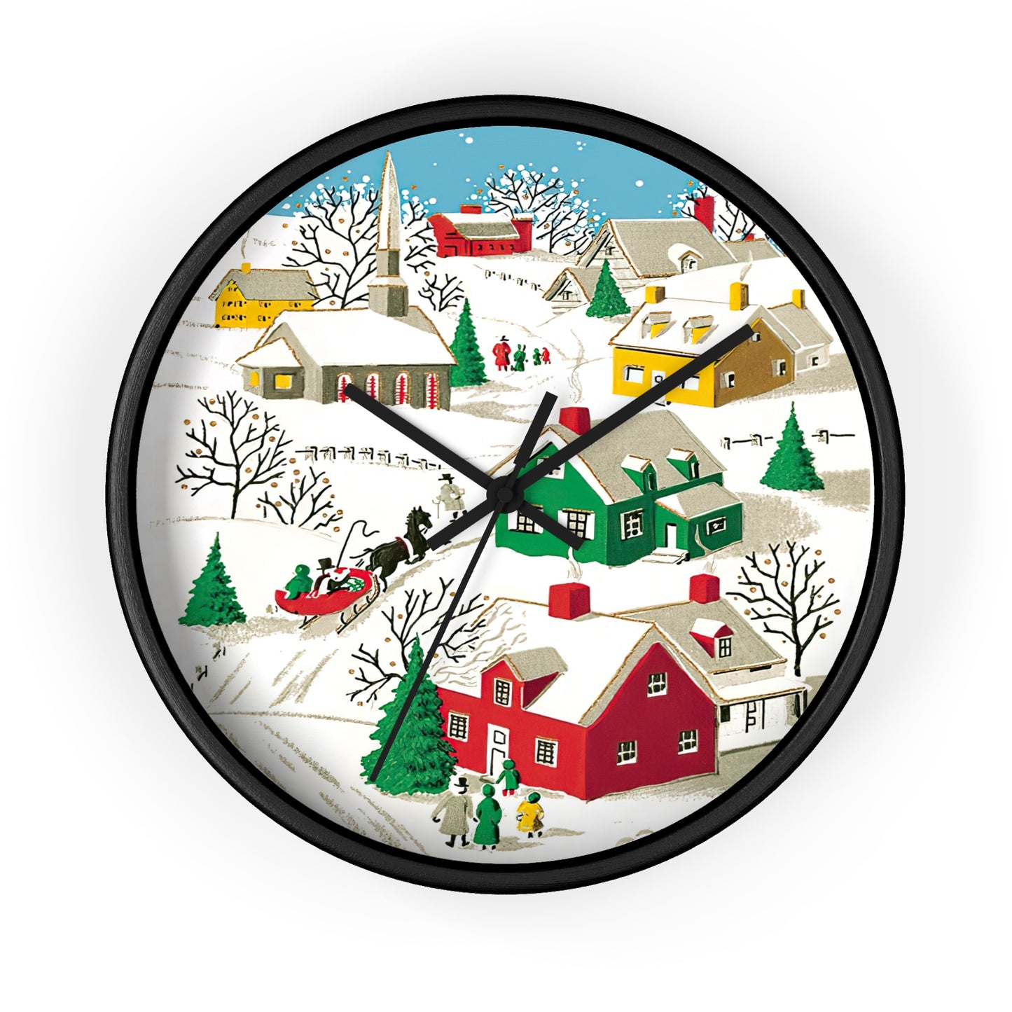 Christmas Winter Village Town Mid Century Retro Christmas Print Black Christmas Wall Clock