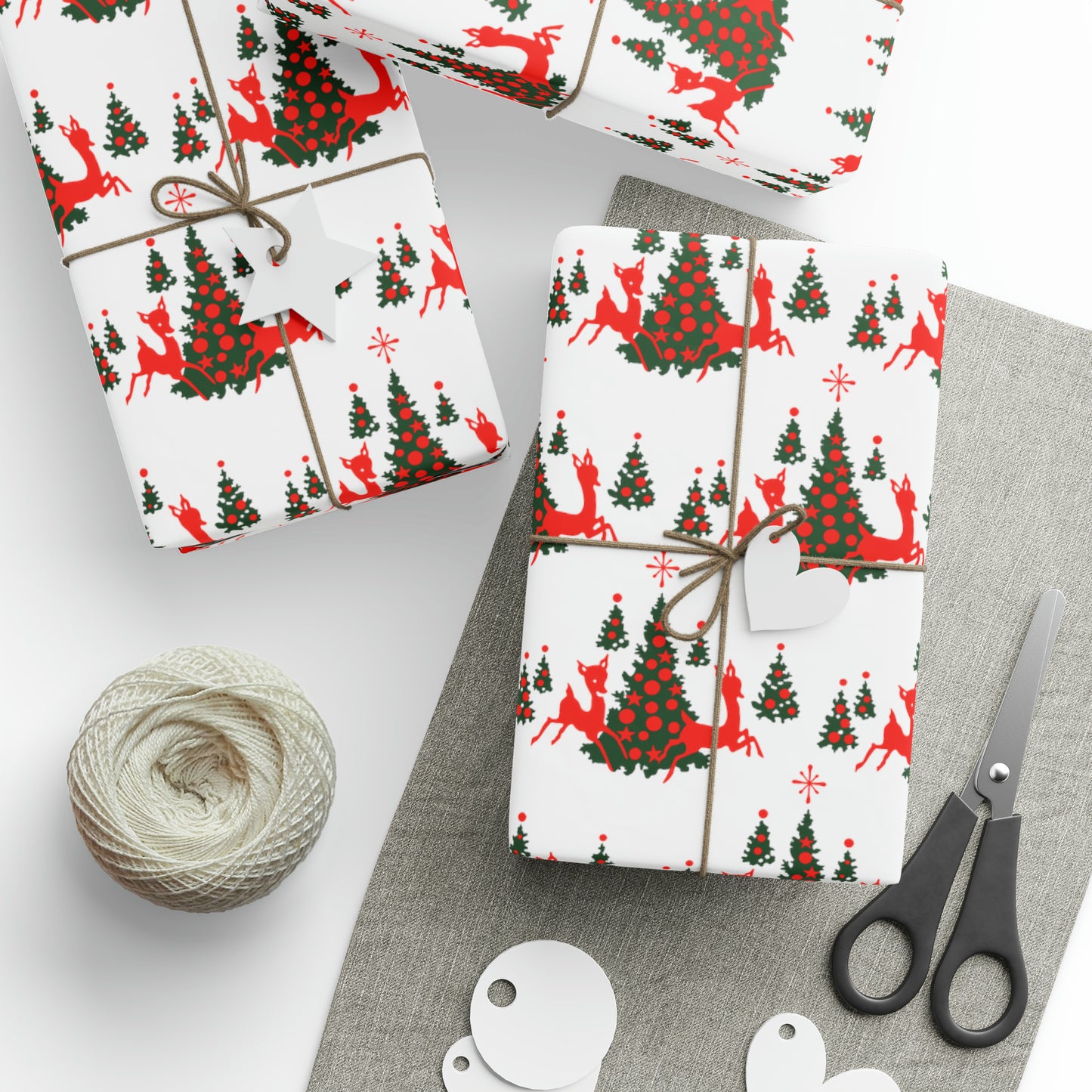 Red Reindeer Christmas Trees Mid Century Retro Christmas Print Holiday Gift Wrap Paper - Glossy Or Matte