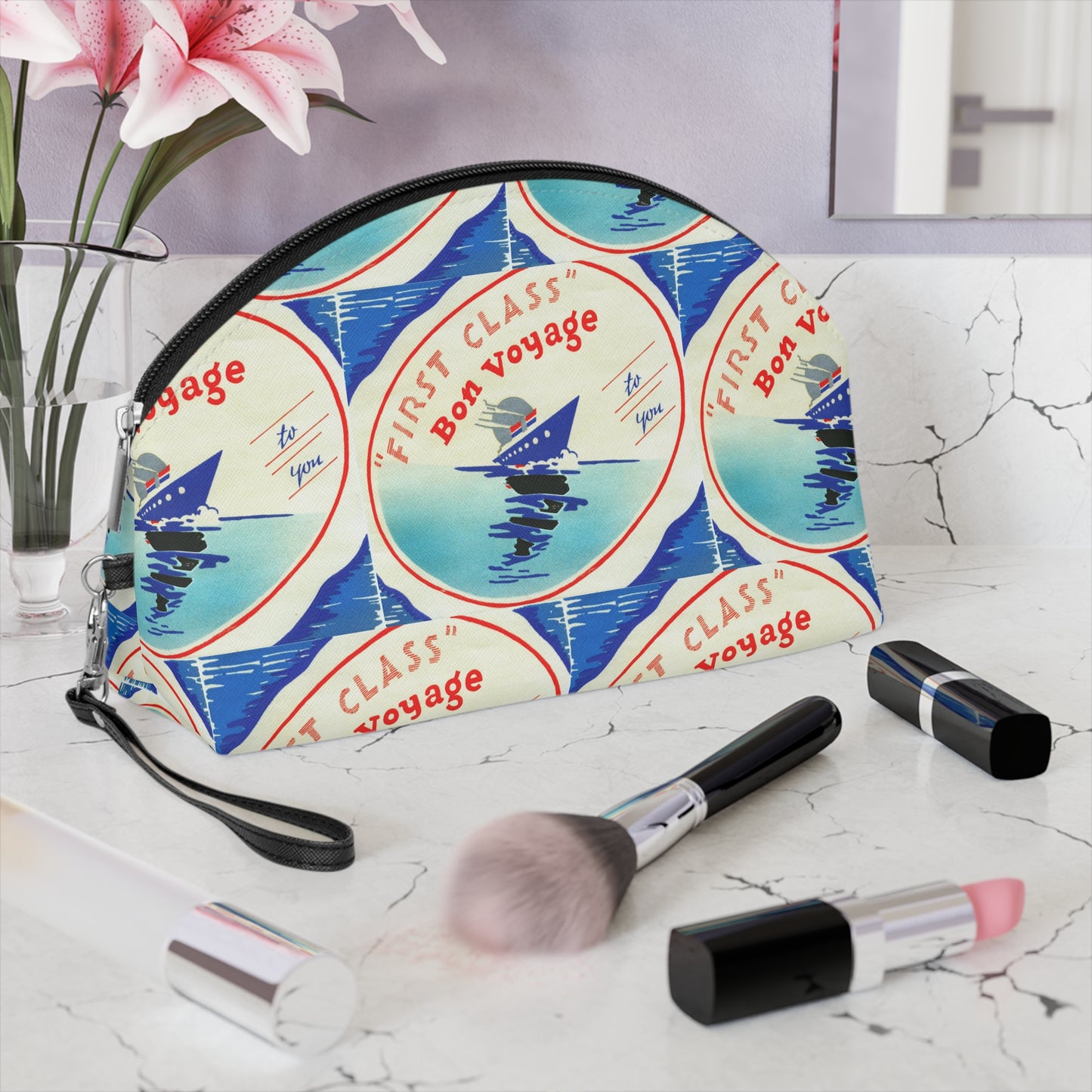 First Class Bon Voyage Cruise Travel Retro Print Makeup Bag