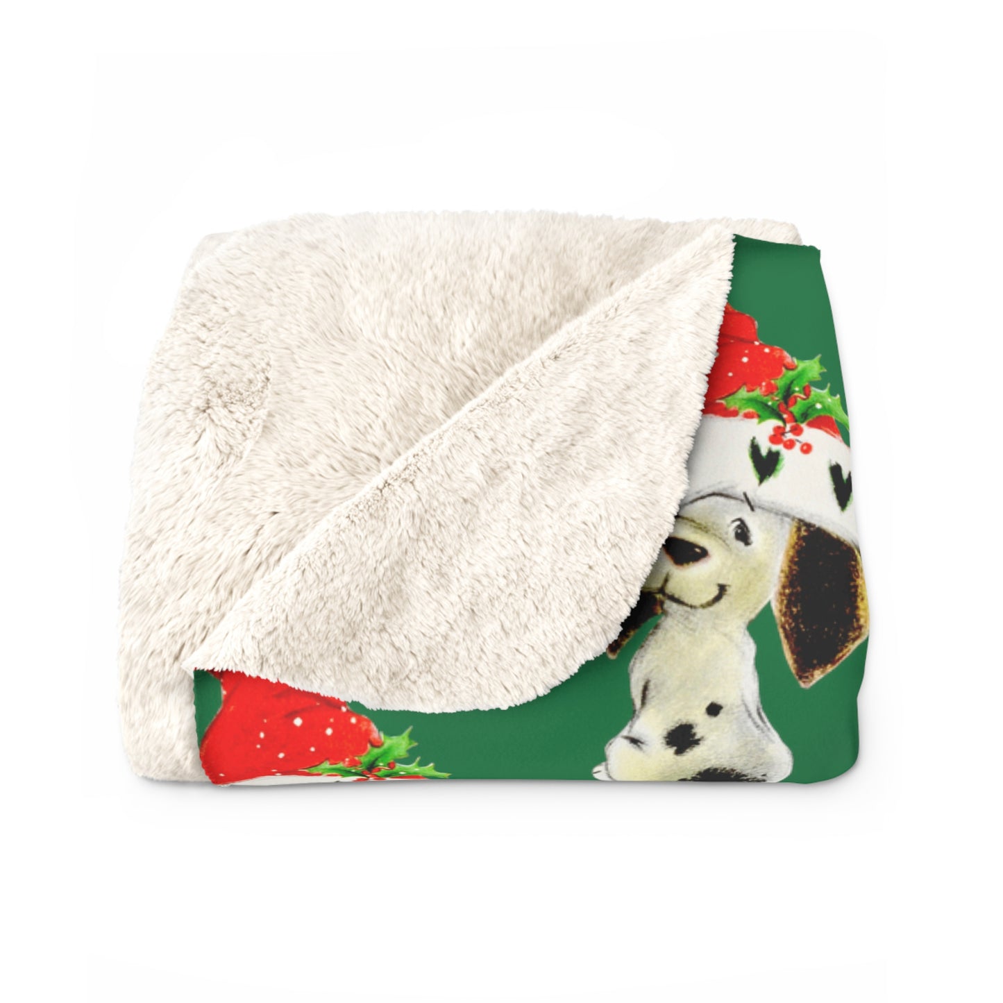 Christmas Dalmation Puppy In Santa Hat Mid Century Retro Christmas Print Sherpa Fleece Blanket