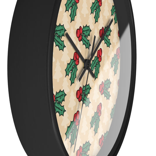 Cute Christmas Holly Trees Black Christmas Wall Clock