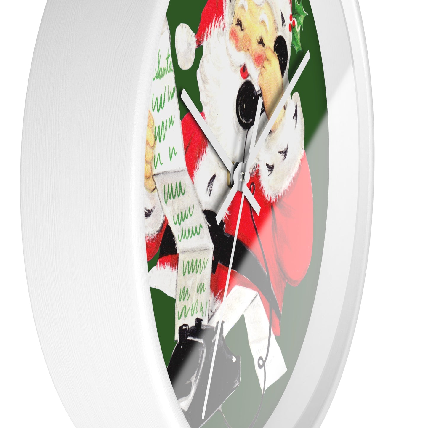 Santa Checking His List On Telephone Mid Century Retro Christmas Print White Wall Clock