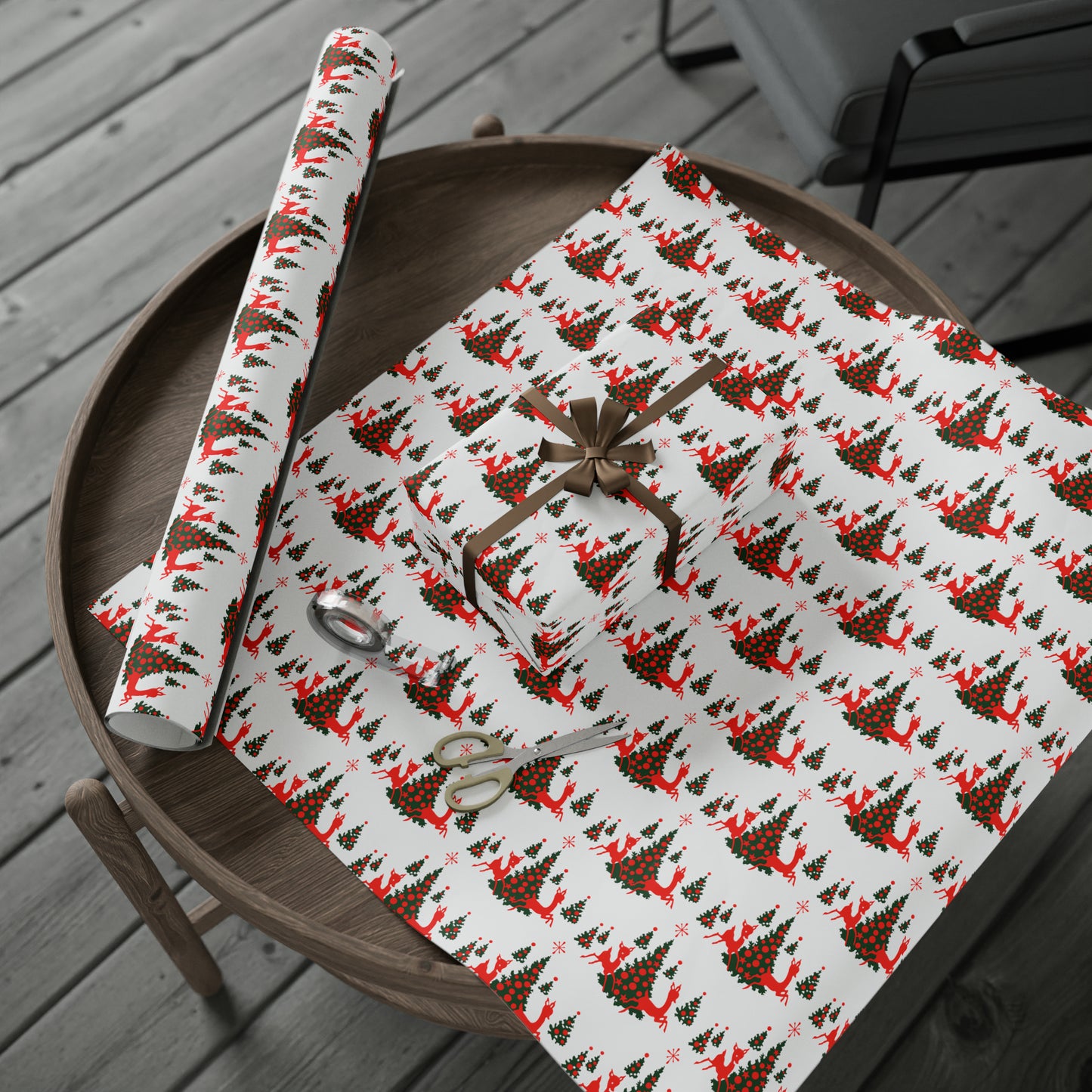 Red Reindeer Christmas Trees Mid Century Retro Christmas Print Holiday Gift Wrap Paper - Glossy Or Matte