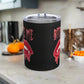 This 10 ounce stainless steel vacuum insulated black travel tumbler features vampire lips and fangs dripping with blood and the words Bite Me in Pink.