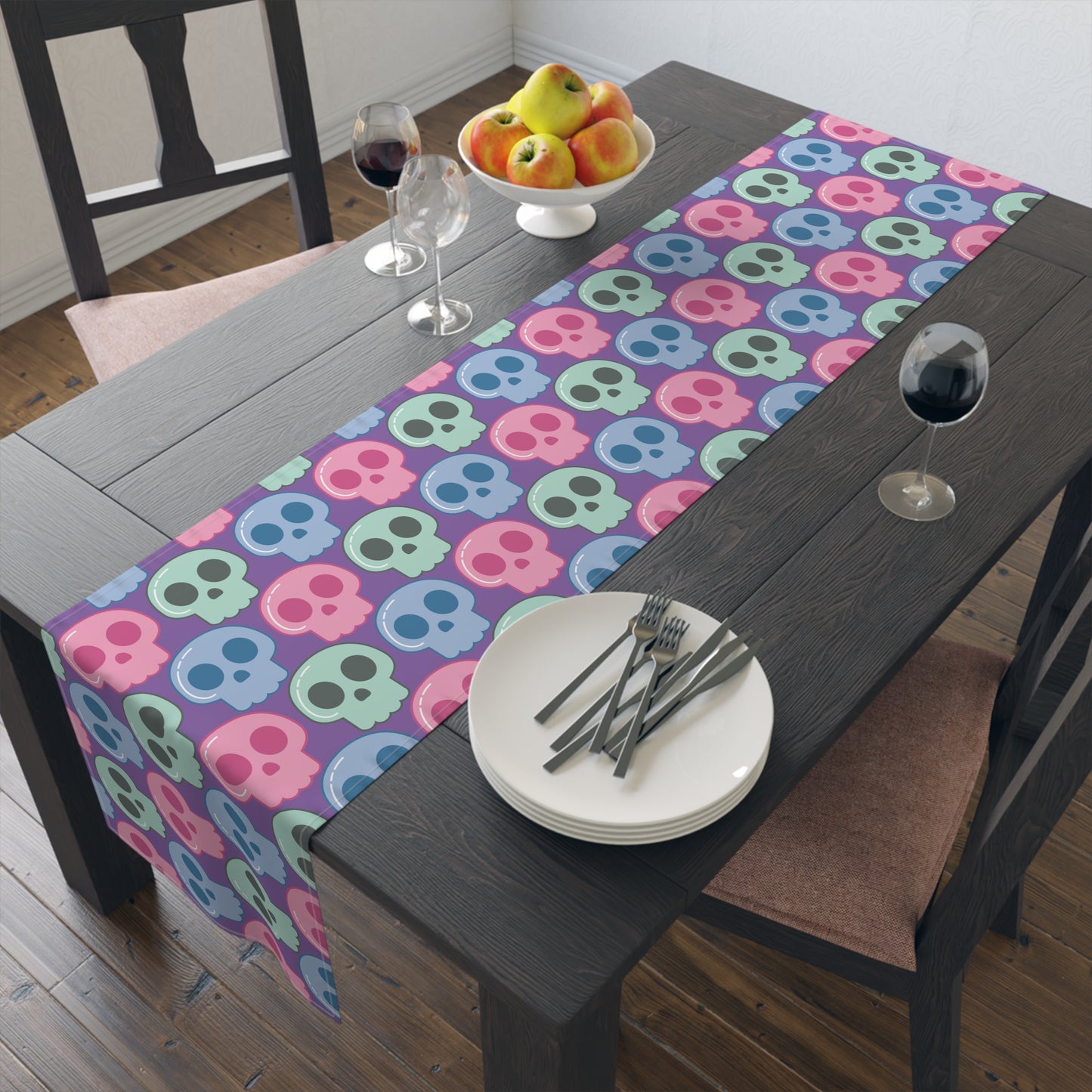 Cute Halloween Skulls Pastel Print Decor Cotton Poly Table Runner