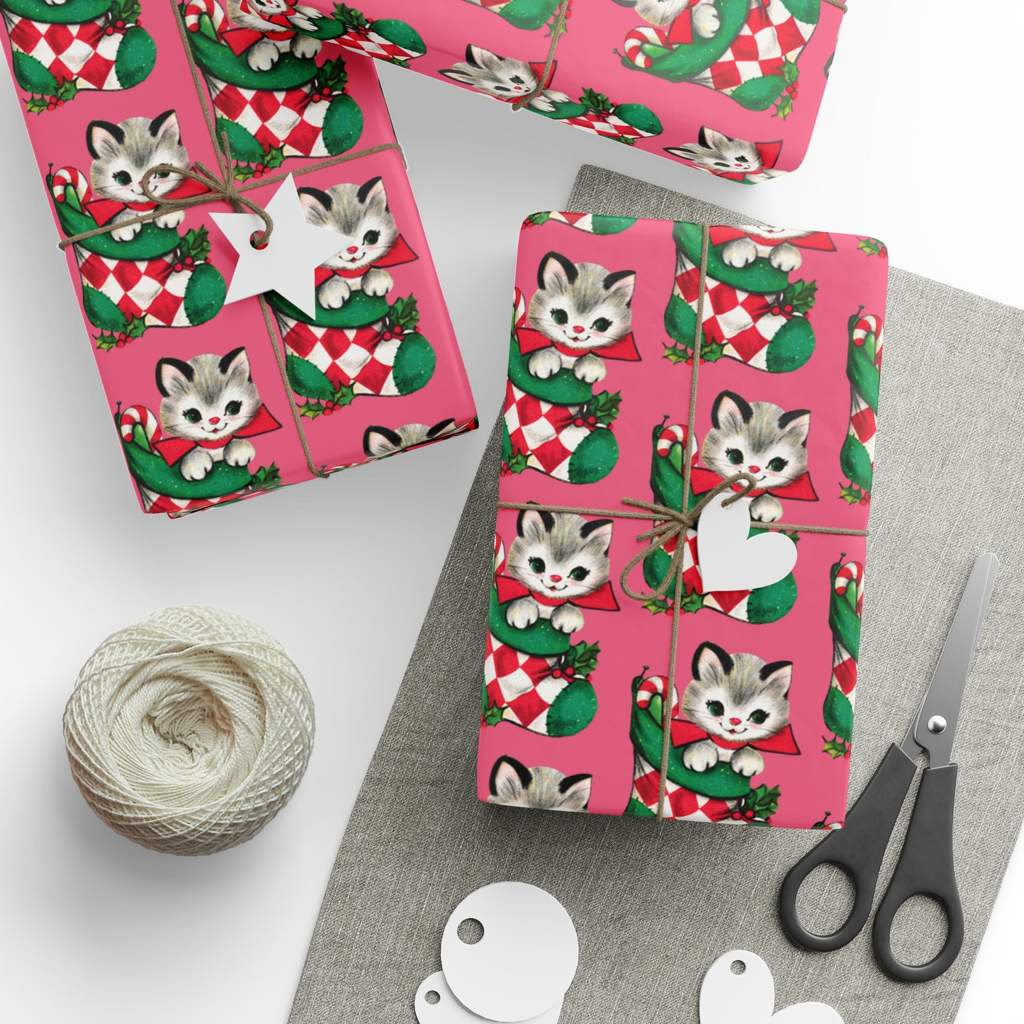 Christmas Kitten In Stocking Pink Mid Century Retro Christmas Print Holiday Gift Wrap Paper - Glossy Or Matte