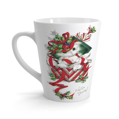 Hello There! Cute Christmas Kitten In Present Mid Century Retro Christmas Print Latte Coffee Mug