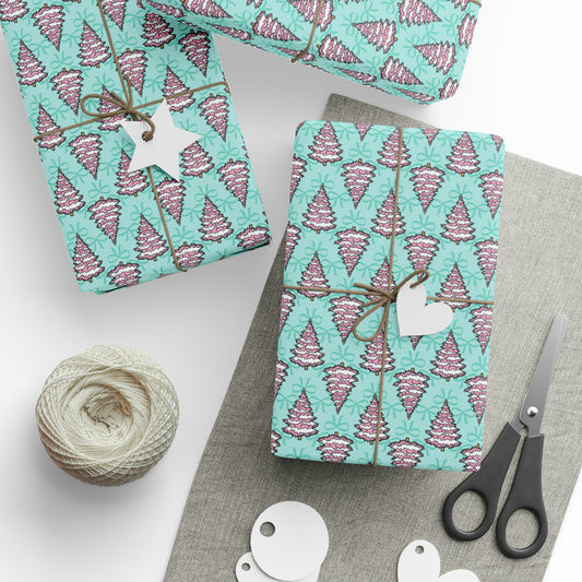 Pastel Pink Christmas Trees Teal Christmas Print Holiday Gift Wrap Paper - Glossy Or Matte