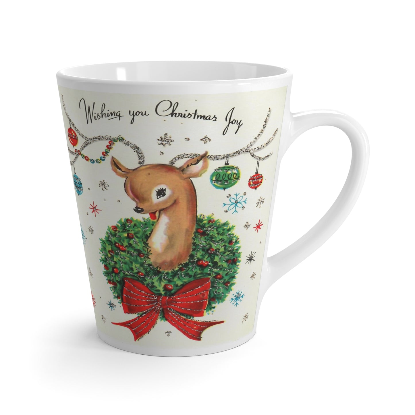 Wishing You Christmas Joy Reindeer With Ornaments Mid Century Retro Christmas Print Latte Coffee Mug