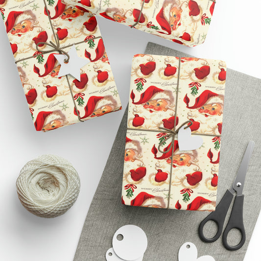 Merry Christmas Santa Under The Mistletoe Mid Century Retro Christmas Print Holiday Gift Wrap Paper - Glossy Or Matte