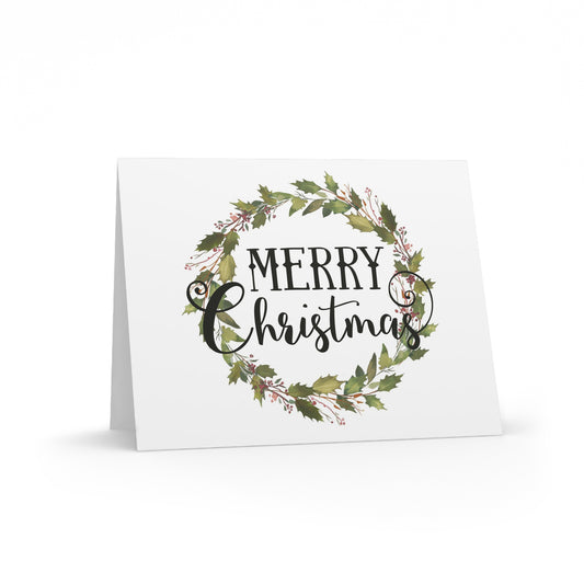 Merry Christmas Wreath Retro Style Christmas Print Matte Greeting Cards (8, 16, and 24 pcs)