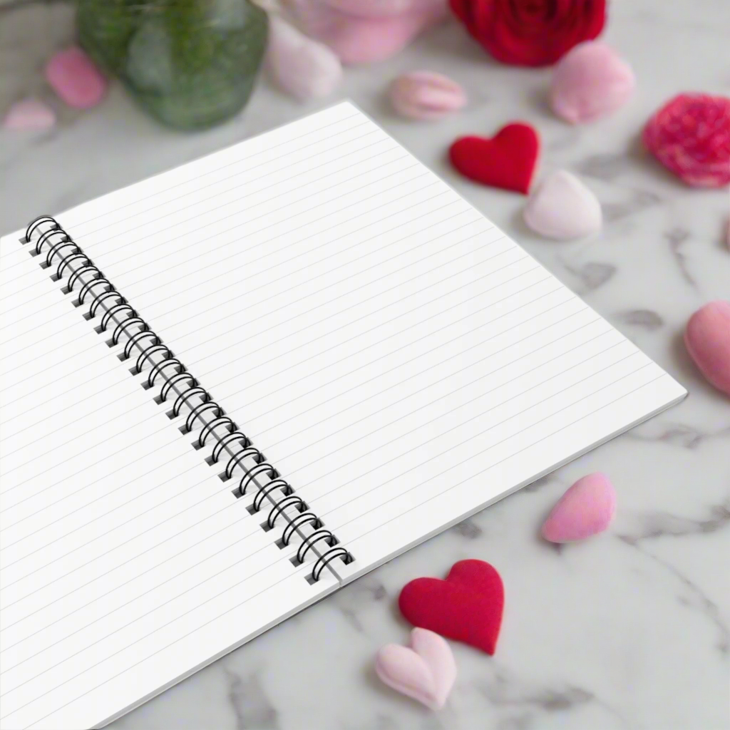 This red spiral notebook features a midcentury Valentine's Day illustration of a cute cat with a pink milkshake that says I'll Treat You Right if you'll be my Valentine.