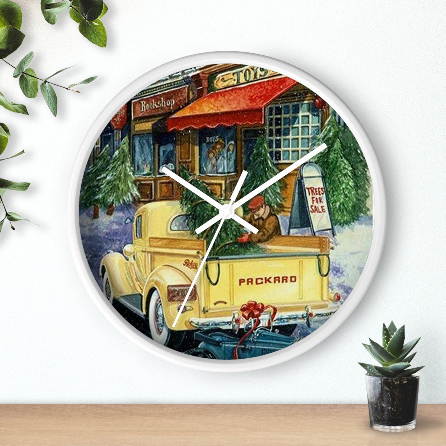 Yellow Christmas Packard Truck With Tree Retro Christmas Print White Wall Clock