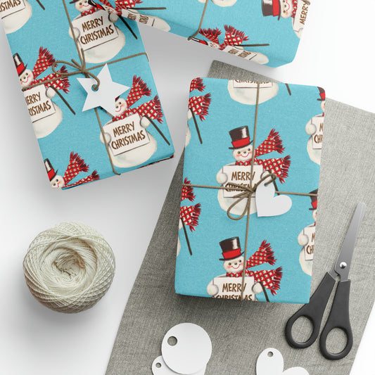 Merry Christmas Snowman Blue Mid Century Retro Christmas Print Holiday Gift Wrap Paper - Glossy Or Matte