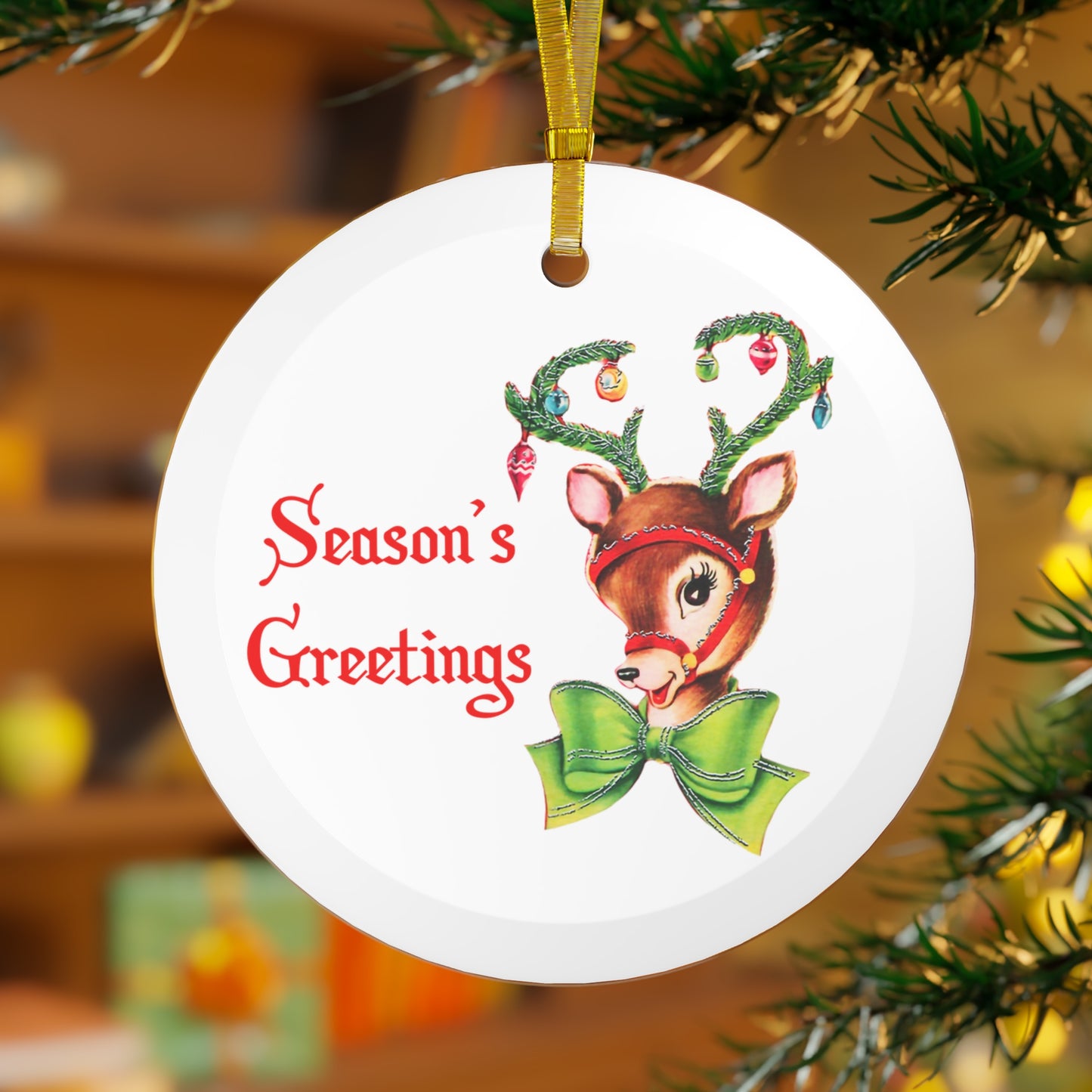 Season's Greetings Reindeer Mid Century Retro Christmas Print Glass Ornament