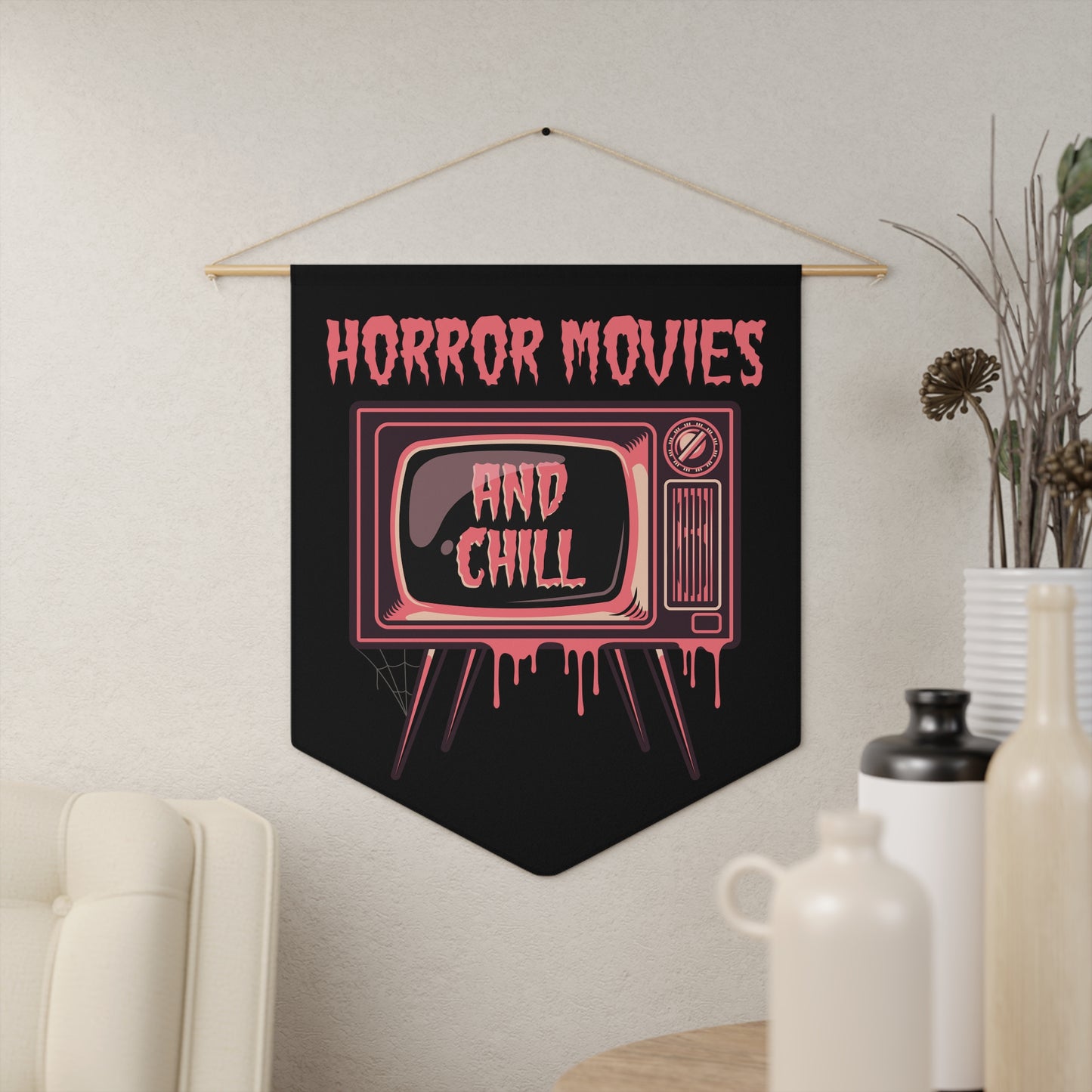 Horror Movies And Chill Retro Television Black Halloween Decor Print Wall Hanging Banner Flag