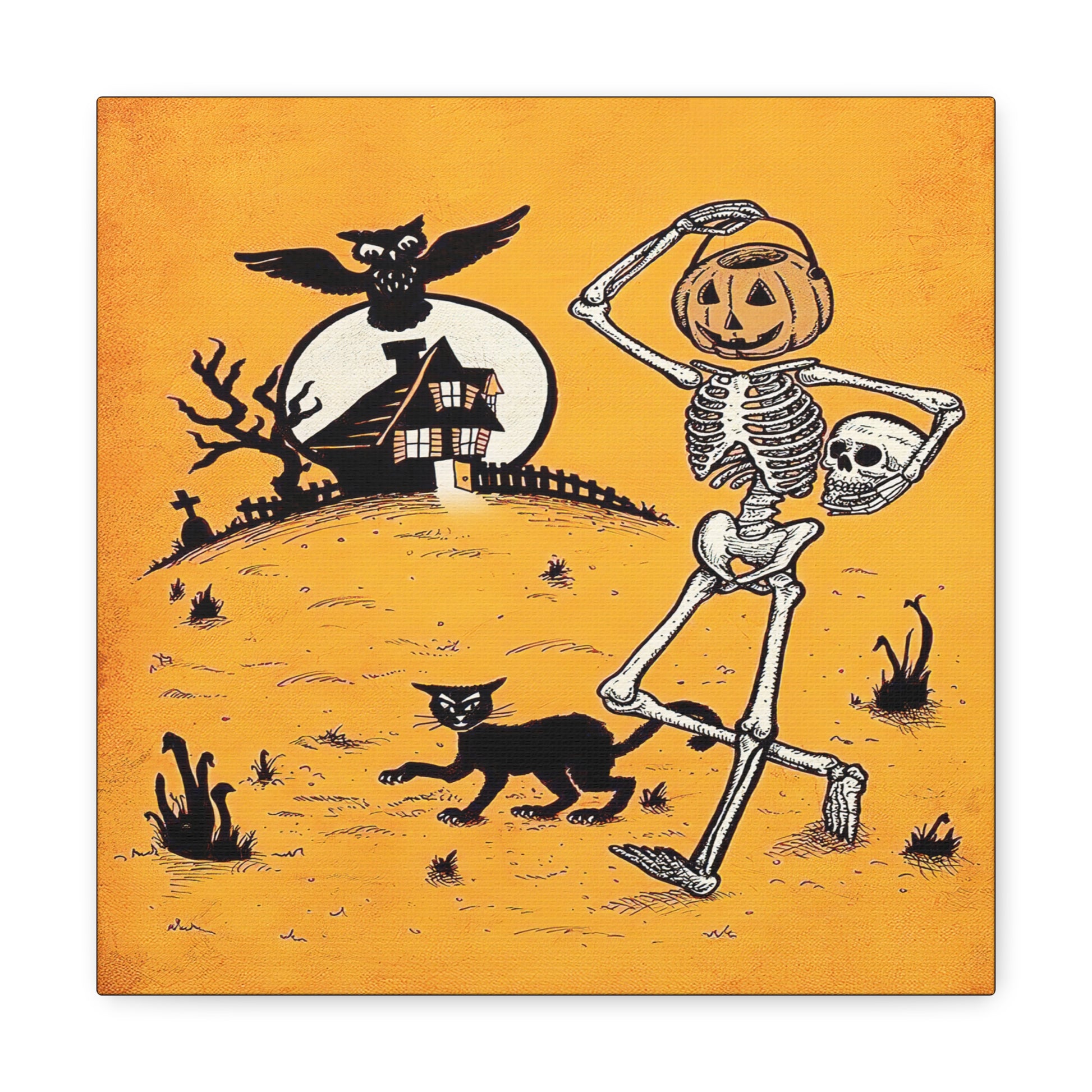 This canvas wall art features a retro vintage Halloween illustration of a skeleton with a trick or treating bucket for a head, a black cat, flying owl and spooky house with a full moon. The background is yellowish orange.