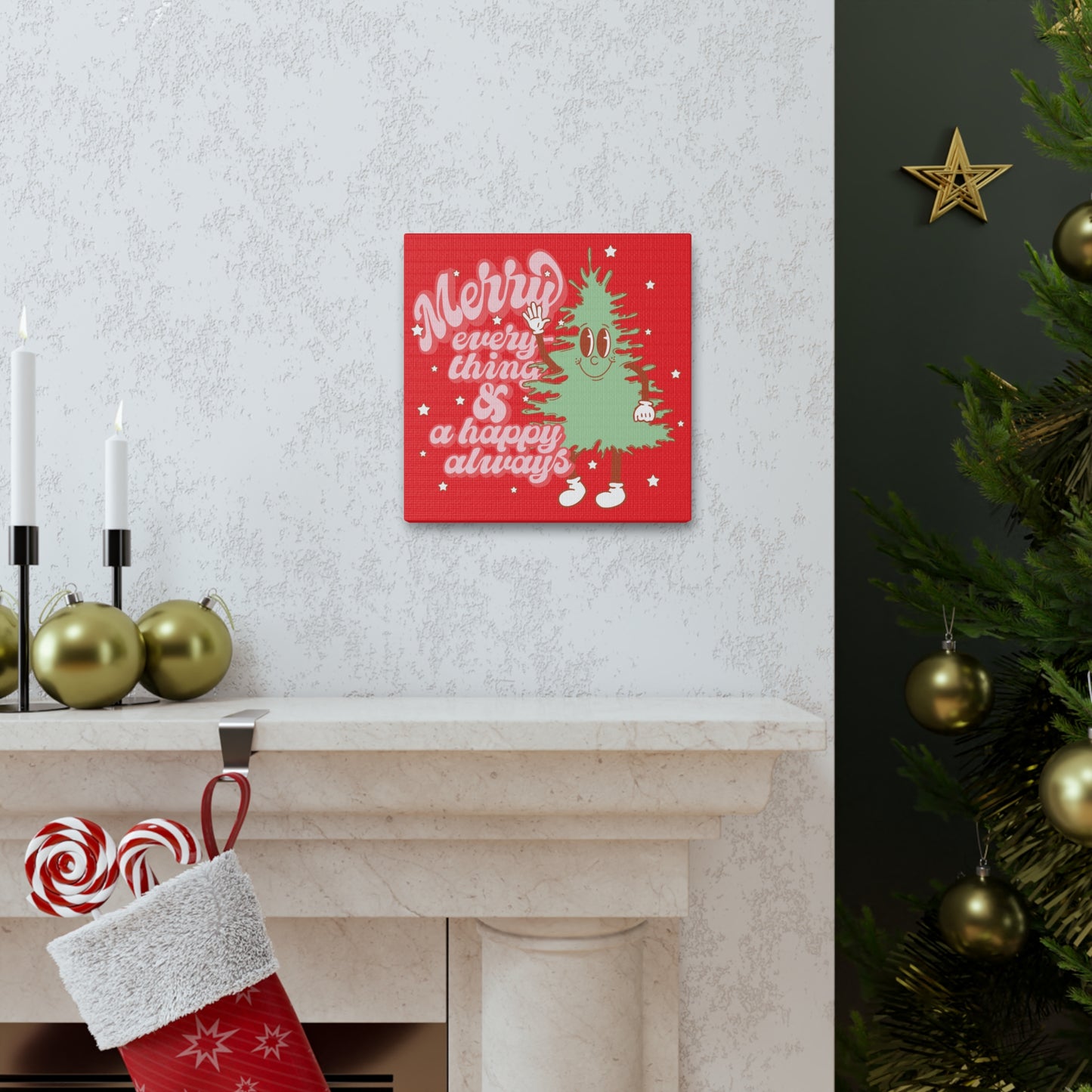 Merry Everything And A Happy Always Cute Christmas Tree Retro Style Christmas Canvas Gallery Wrap