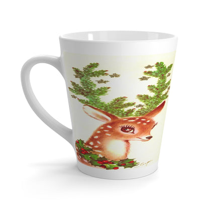 Reindeer With Holly Wreath And Pine Antlers Retro Christmas Print Latte Coffee Mug