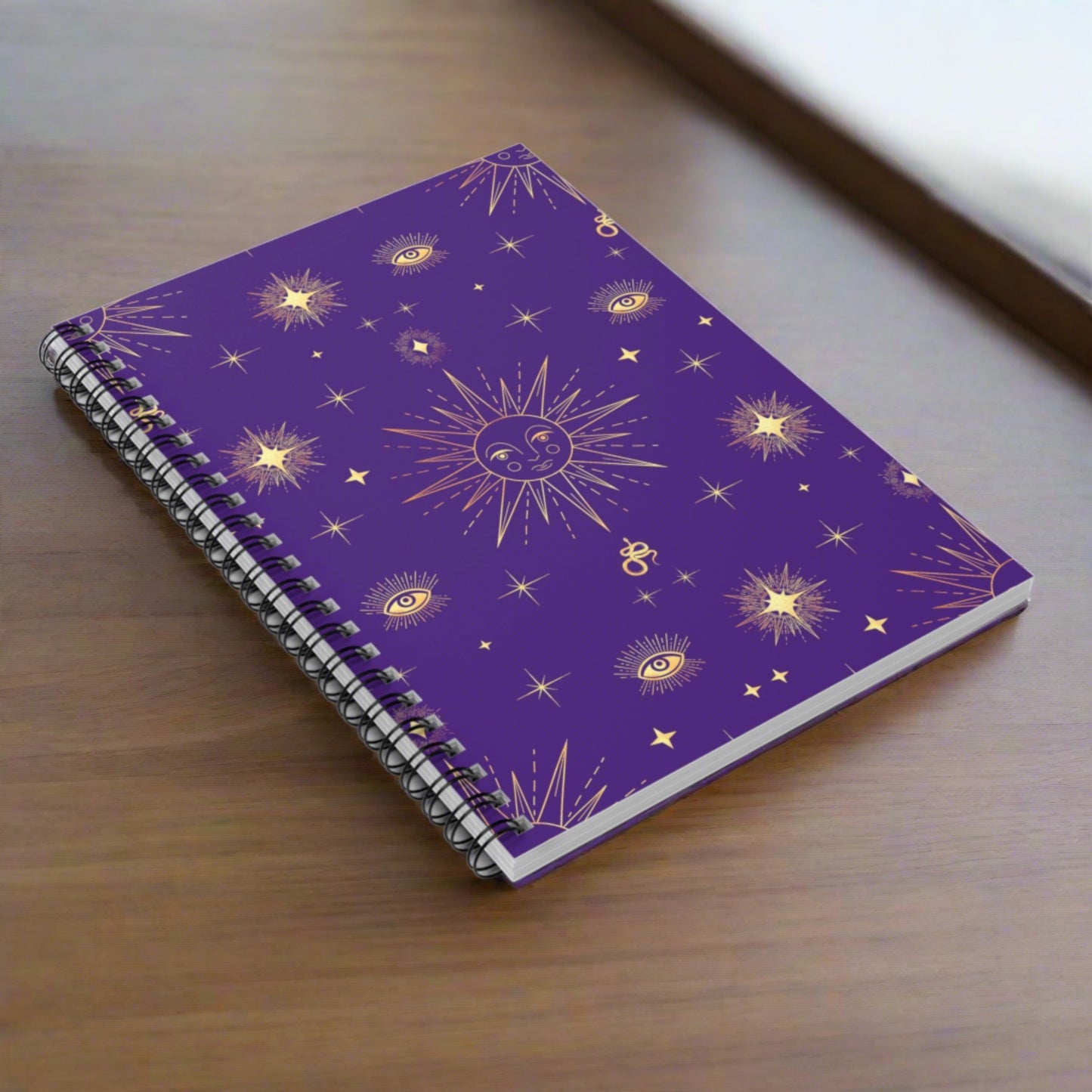 Gold Sun Stars Celestial Tarot Purple Spiral Ruled Line Notebook