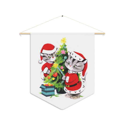 Santa Christmas Cats Decorating Tree Mid Century Retro Christmas Print Wall Hanging Banner Flag