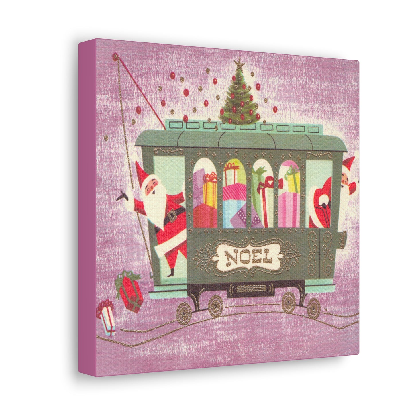 Noel Santas On Trolley Mid Century Retro Christmas Canvas Gallery Wrap