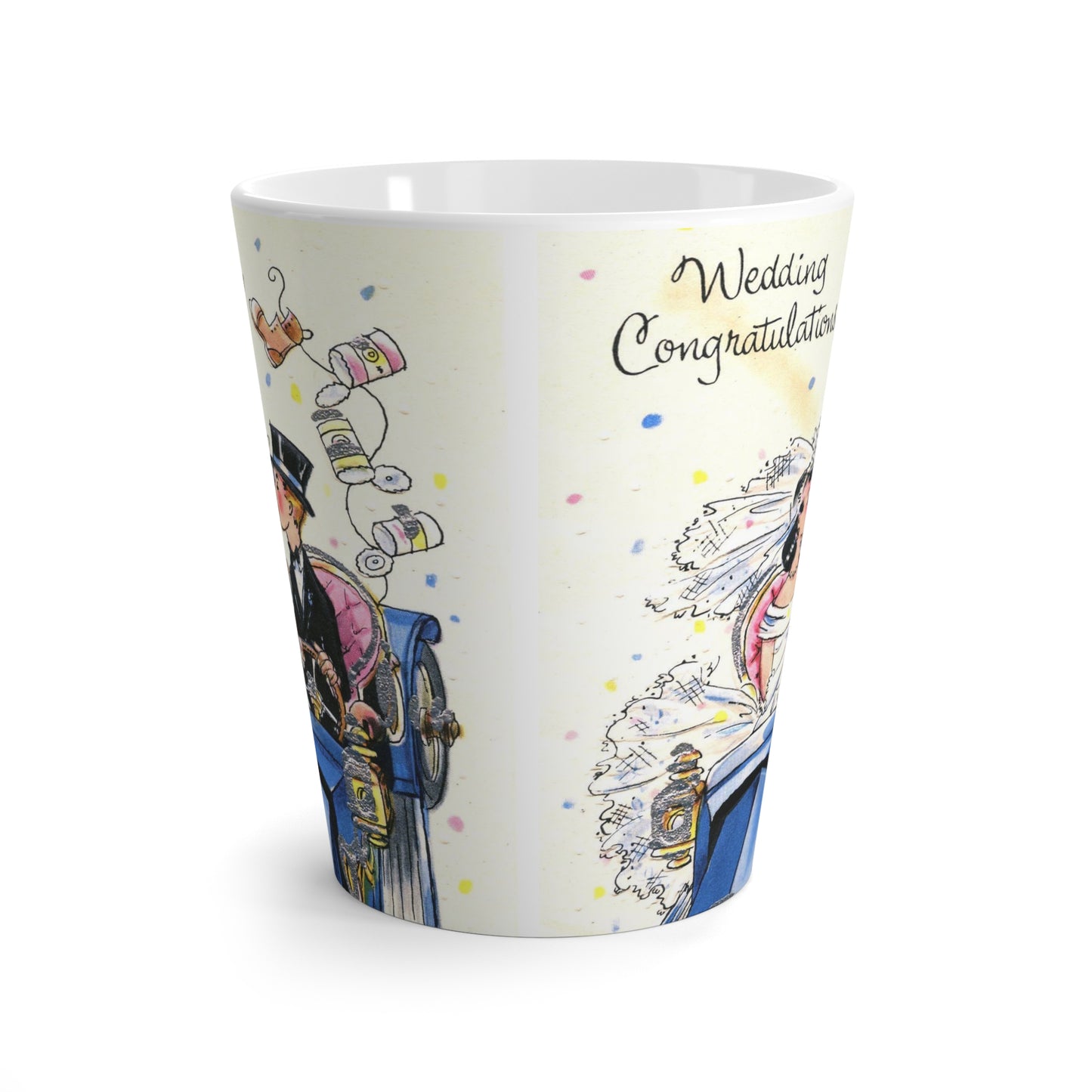 Celebrate in Style with our Midcentury Bride and Groom Wedding Congratulations Latte Mug